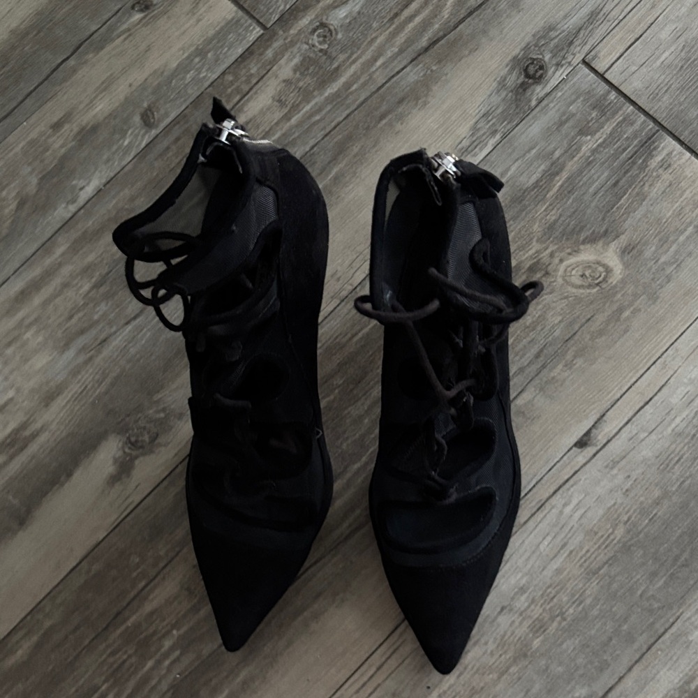 Zara Black Lace-Up Mesh and Suede Pumps Heels, Size 38 - Picture 5 of 9
